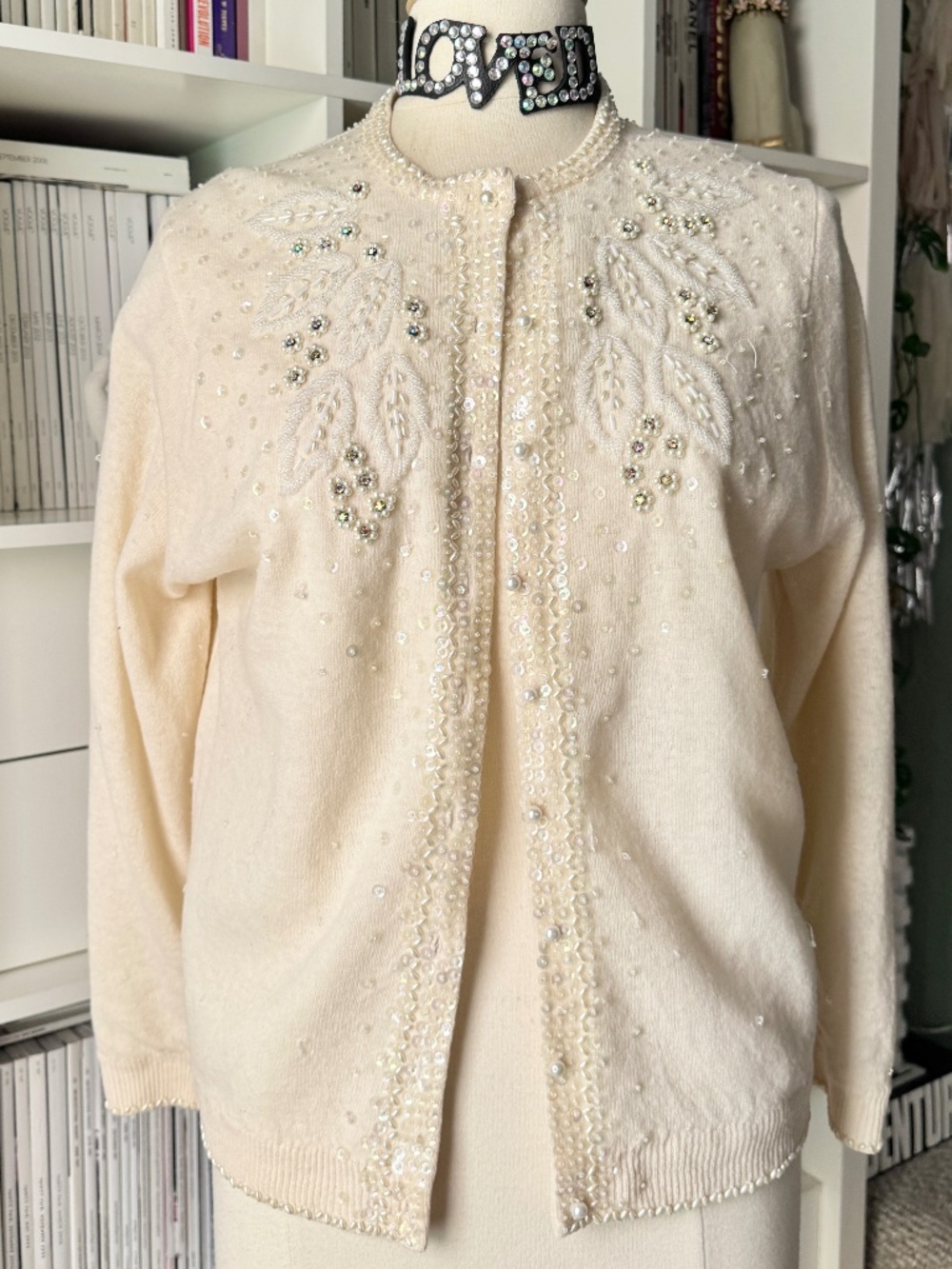 Vintage 1950s mid-century ivory beaded cardigan